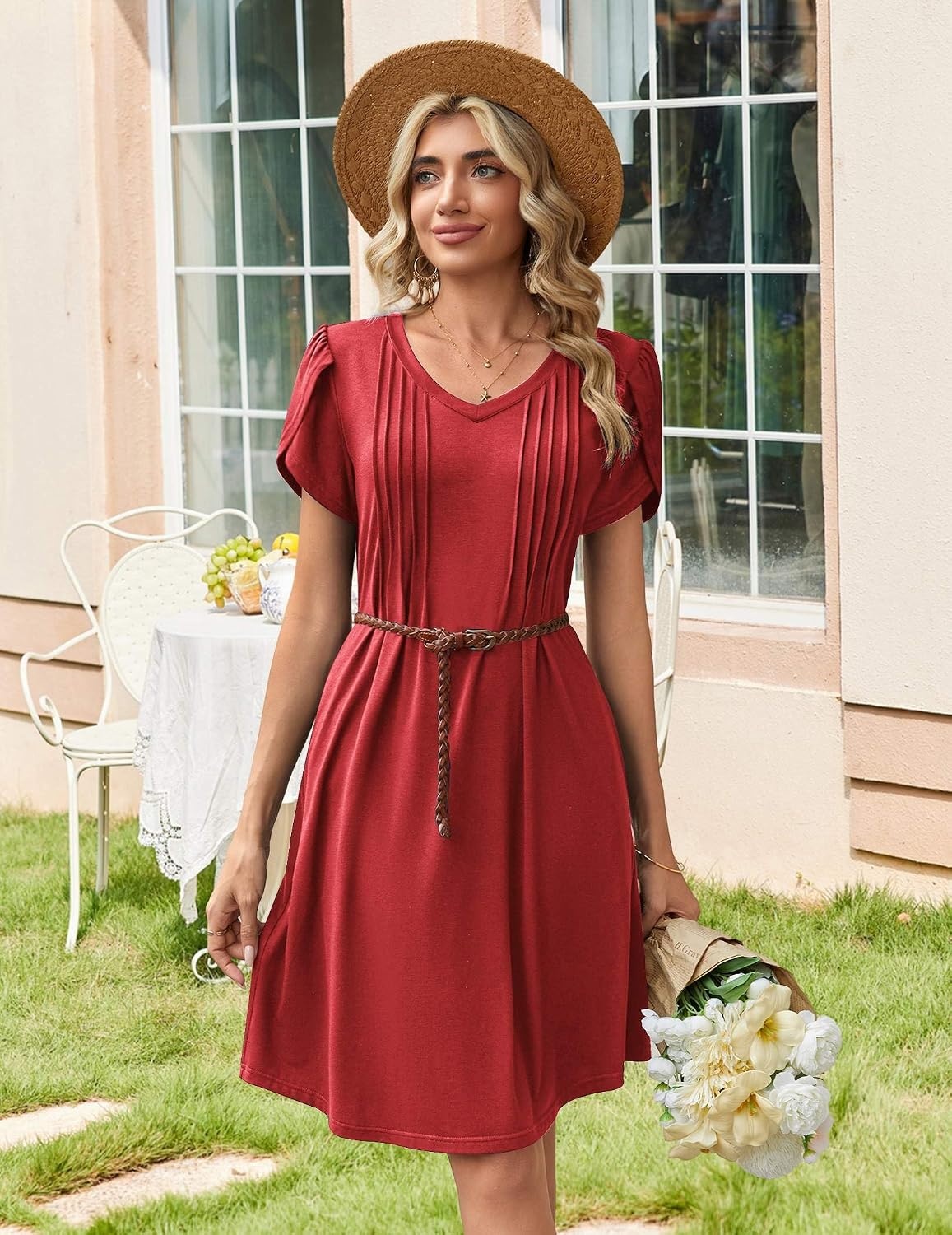 image:imageZeagoo Summer Dresses for Women Casual A Line Dress 2026 V Neck Short Dresses Floral Sundress Pleated Boho DressSolid Red