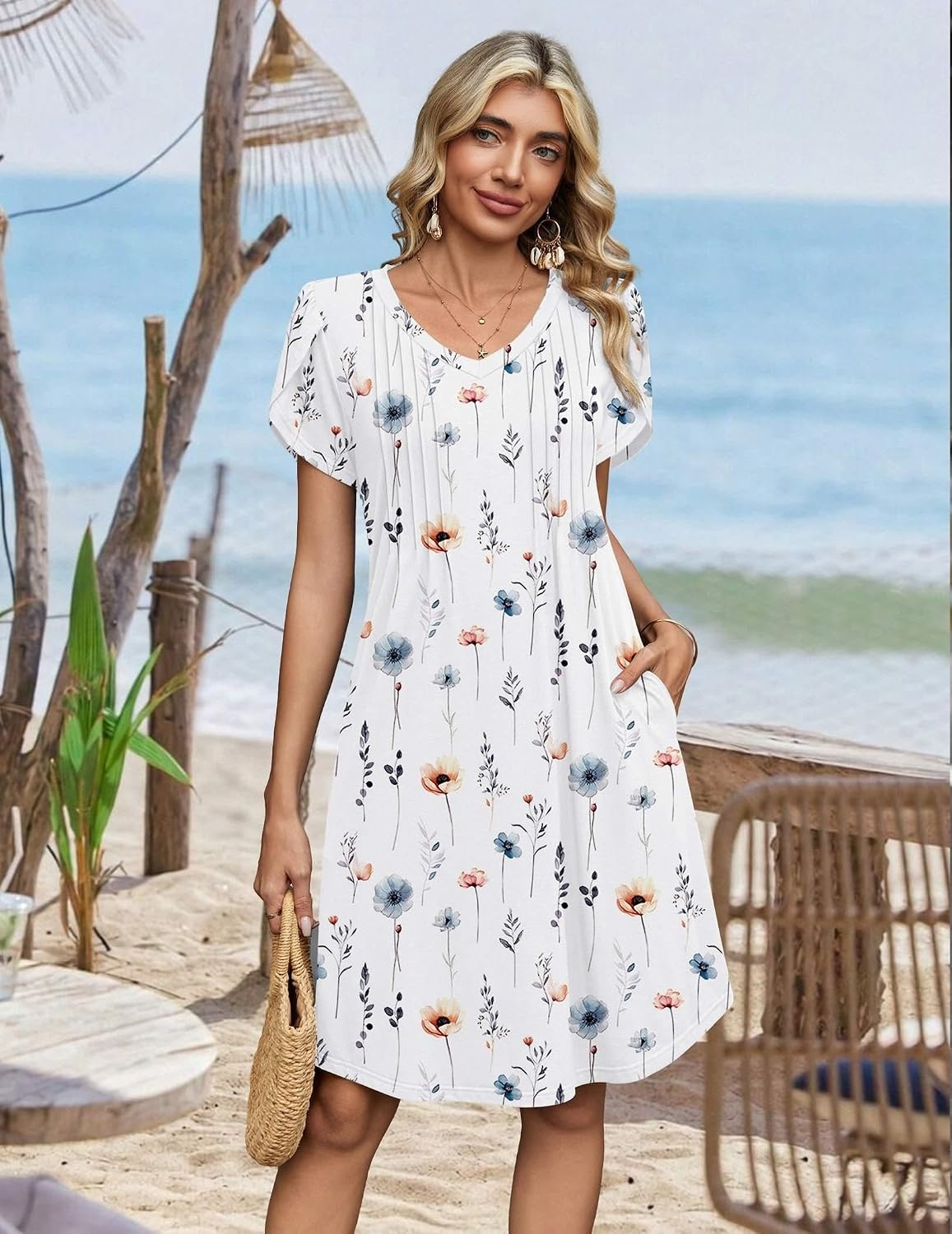 image:imageZeagoo Summer Dresses for Women Casual A Line Dress 2026 V Neck Short Dresses Floral Sundress Pleated Boho DressWhite Floral