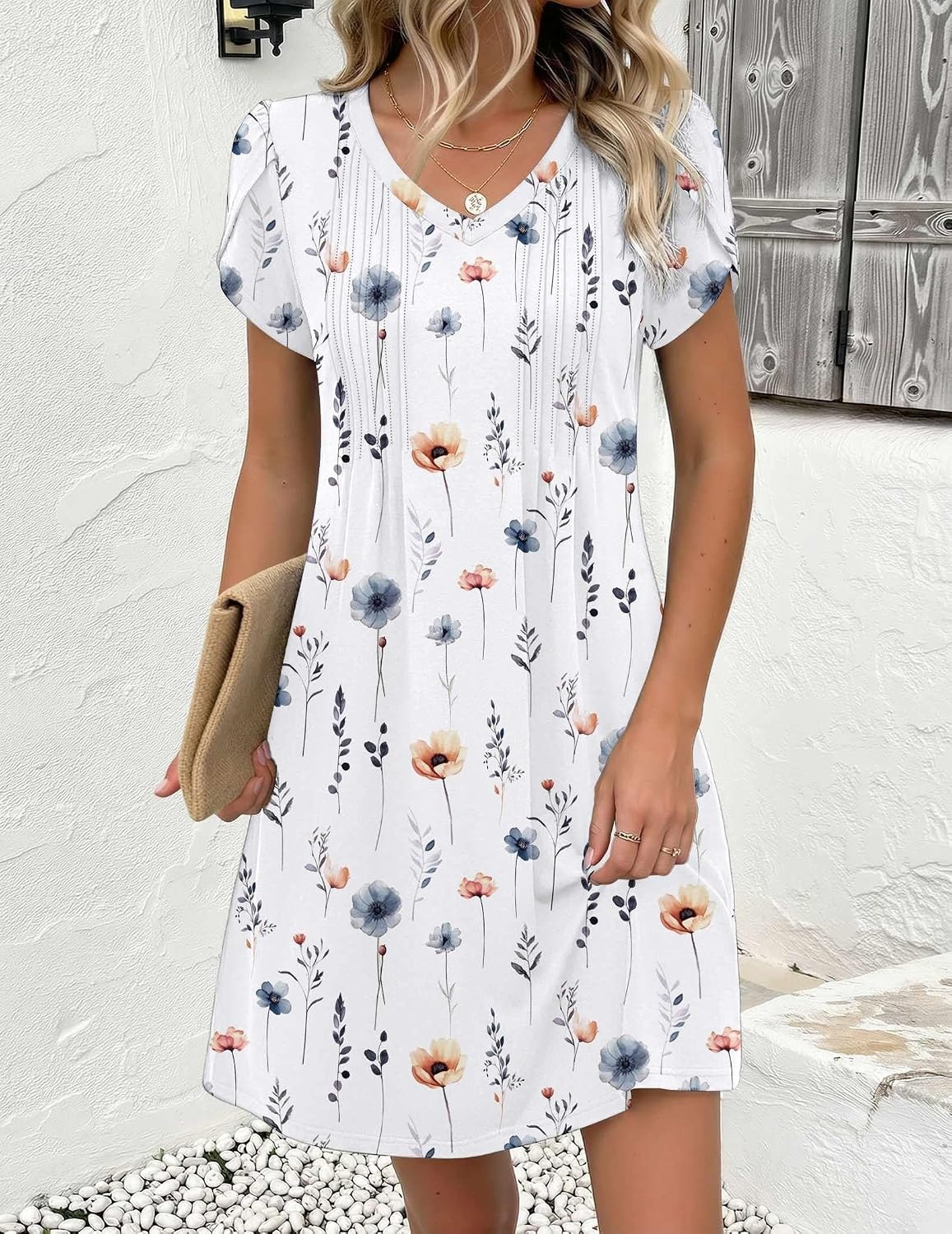 image:imageZeagoo Summer Dresses for Women Casual A Line Dress 2026 V Neck Short Dresses Floral Sundress Pleated Boho DressWhite Floral