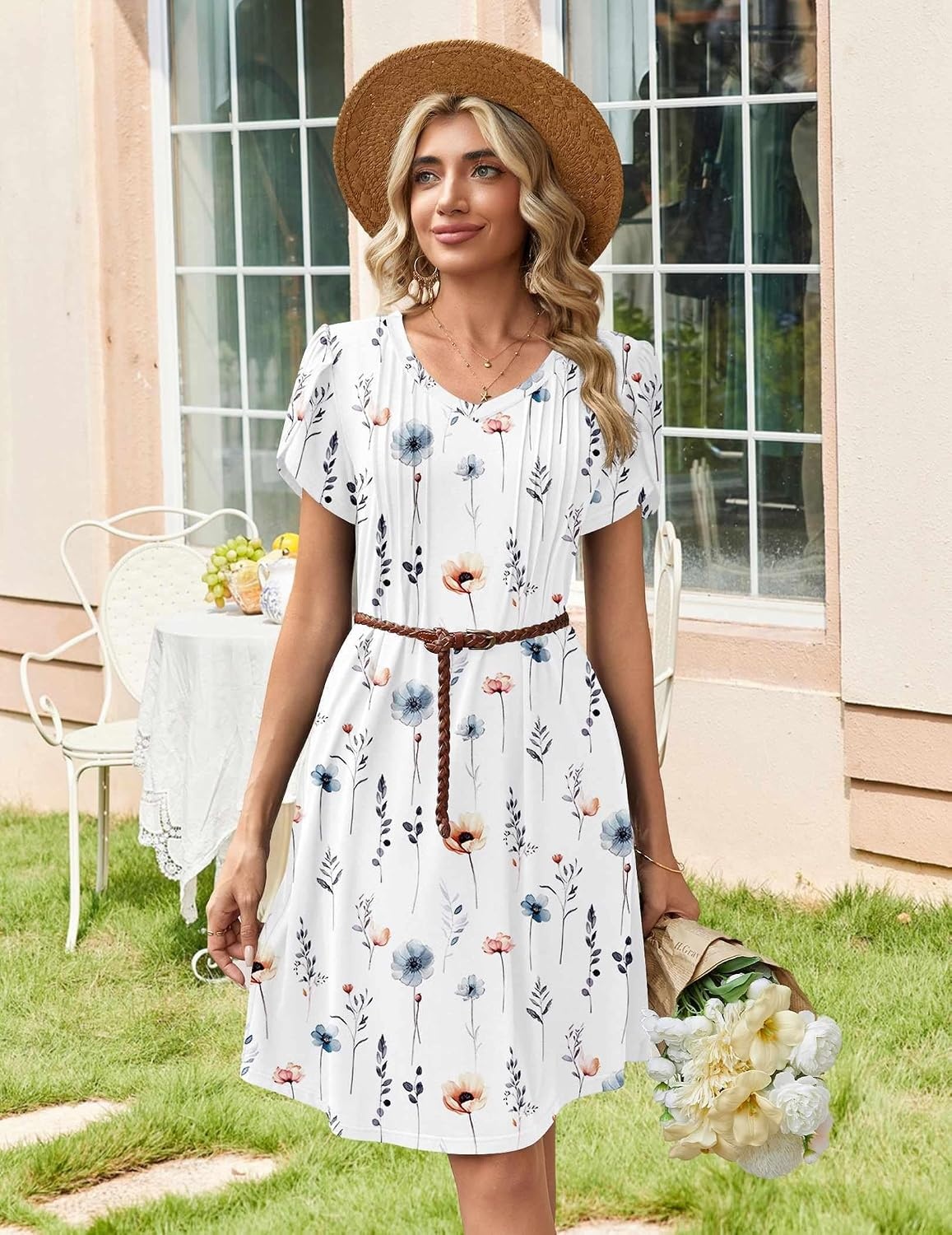 image:imageZeagoo Summer Dresses for Women Casual A Line Dress 2026 V Neck Short Dresses Floral Sundress Pleated Boho DressWhite Floral