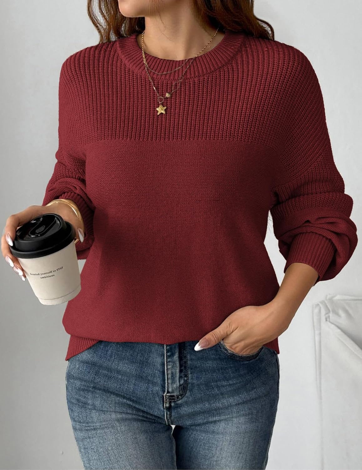 image:imageZeagoo Sweaters for Women Cotton Loose Fit Chunky Knit Casual Fall OutfitsWine Red