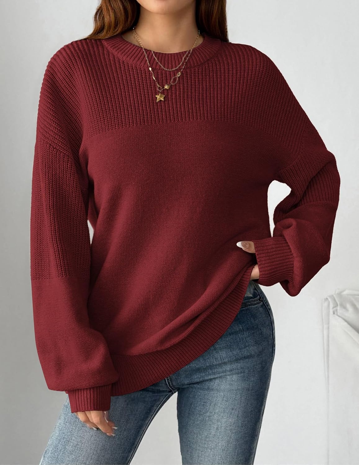 image:imageZeagoo Sweaters for Women Cotton Loose Fit Chunky Knit Casual Fall OutfitsWine Red