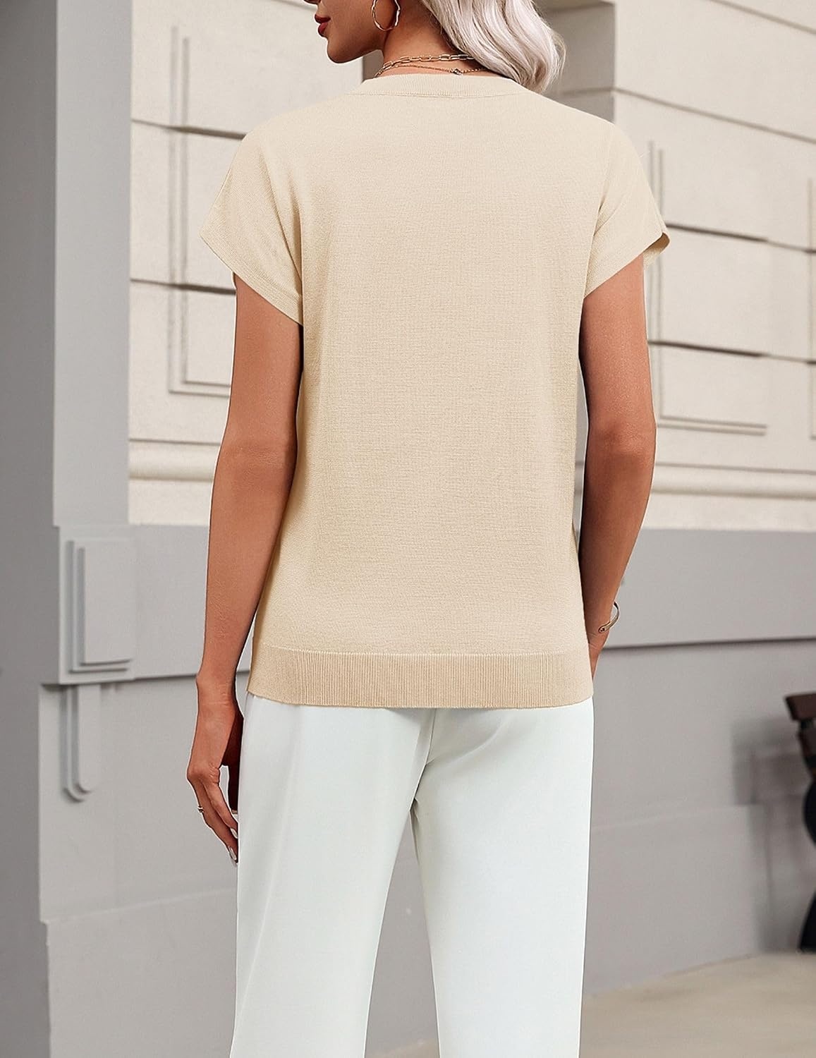 image:imageZeagoo Sweaters for Women Tops Short Sleeve Crewneck Basic Fashion ClothingApricot