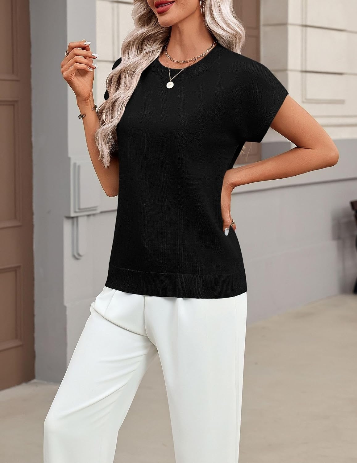 image:imageZeagoo Sweaters for Women Tops Short Sleeve Crewneck Basic Fashion ClothingBlack