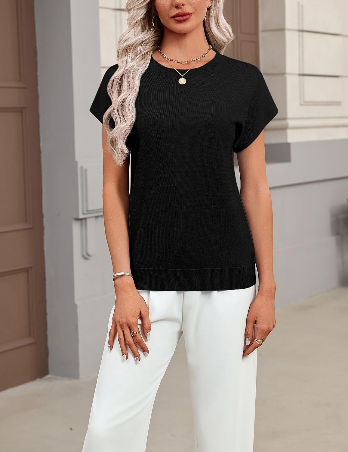 image:imageZeagoo Sweaters for Women Tops Short Sleeve Crewneck Basic Fashion ClothingBlack