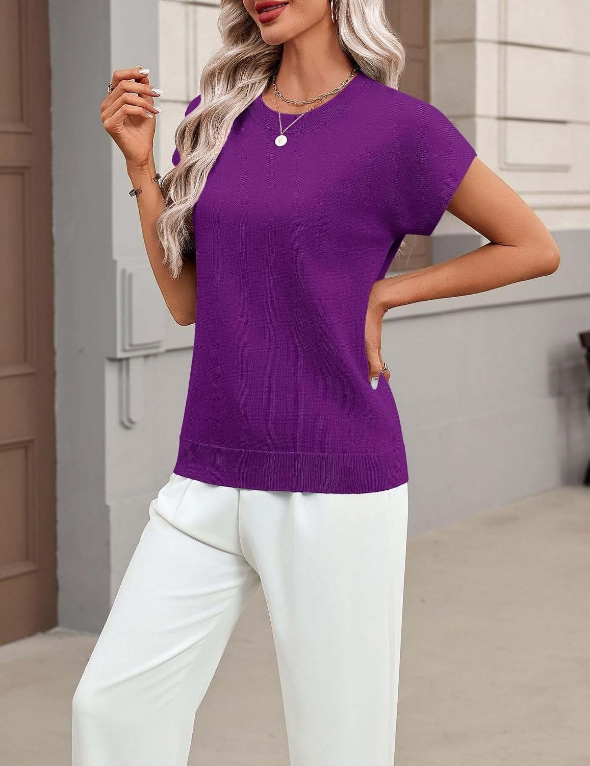 image:imageZeagoo Sweaters for Women Tops Short Sleeve Crewneck Basic Fashion ClothingDark Purple