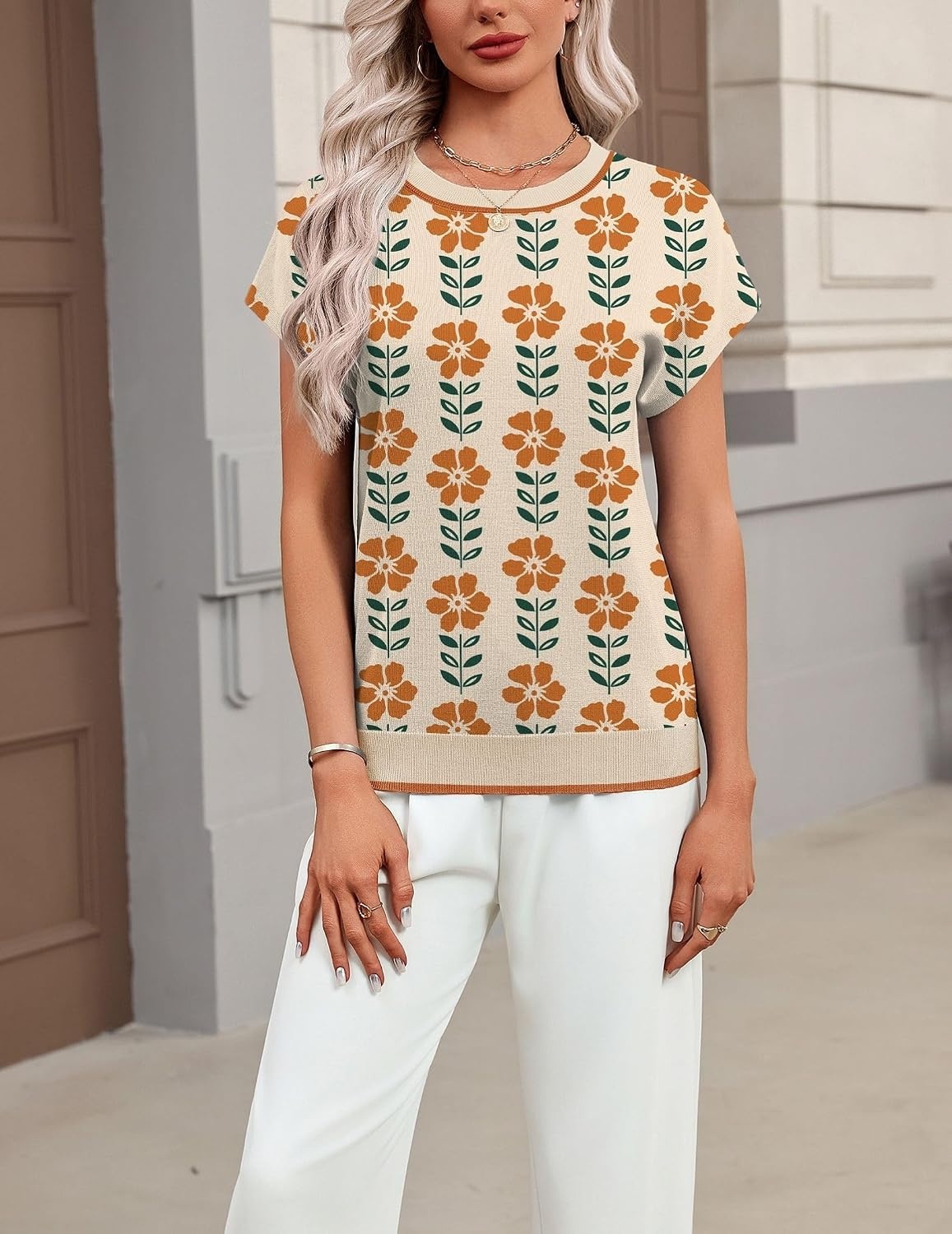 image:imageZeagoo Sweaters for Women Tops Short Sleeve Crewneck Basic Fashion ClothingFloral Apricotsf167