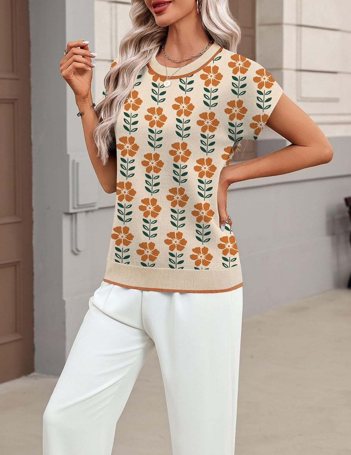 image:imageZeagoo Sweaters for Women Tops Short Sleeve Crewneck Basic Fashion ClothingFloral Apricotsf167