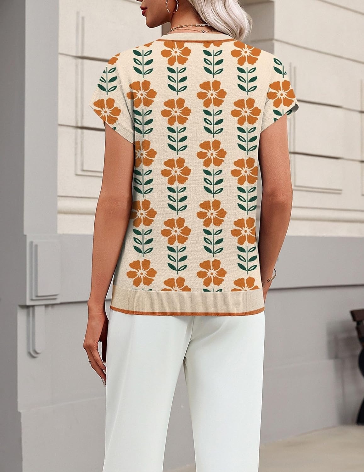image:imageZeagoo Sweaters for Women Tops Short Sleeve Crewneck Basic Fashion ClothingFloral Apricotsf167