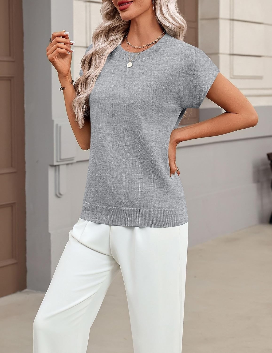 image:imageZeagoo Sweaters for Women Tops Short Sleeve Crewneck Basic Fashion ClothingGray