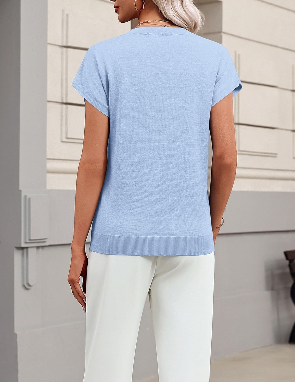 image:imageZeagoo Sweaters for Women Tops Short Sleeve Crewneck Basic Fashion ClothingLight Blue