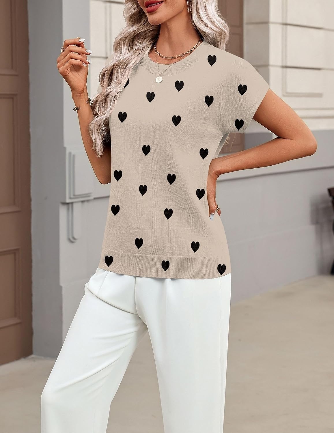 image:imageZeagoo Sweaters for Women Tops Short Sleeve Crewneck Basic Fashion ClothingLove Printkhaki Ax72