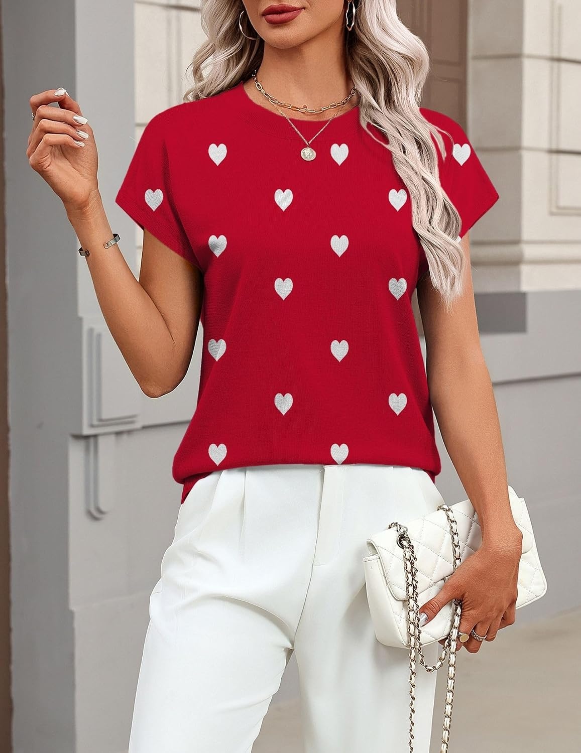 image:imageZeagoo Sweaters for Women Tops Short Sleeve Crewneck Basic Fashion ClothingLove Printred Ax71
