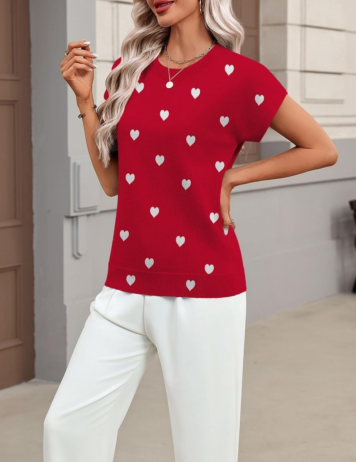 image:imageZeagoo Sweaters for Women Tops Short Sleeve Crewneck Basic Fashion ClothingLove Printred Ax71
