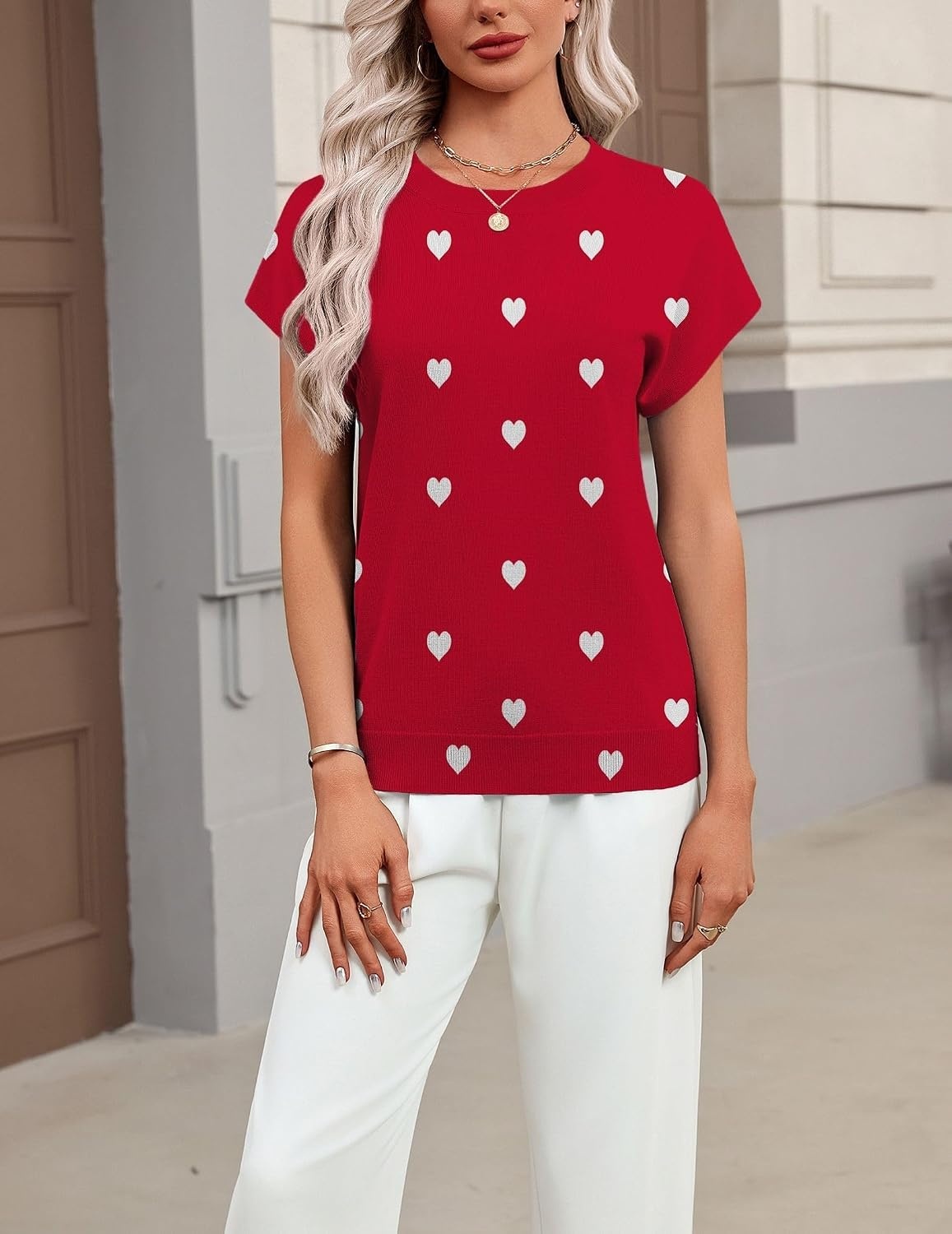 image:imageZeagoo Sweaters for Women Tops Short Sleeve Crewneck Basic Fashion ClothingLove Printred Ax71