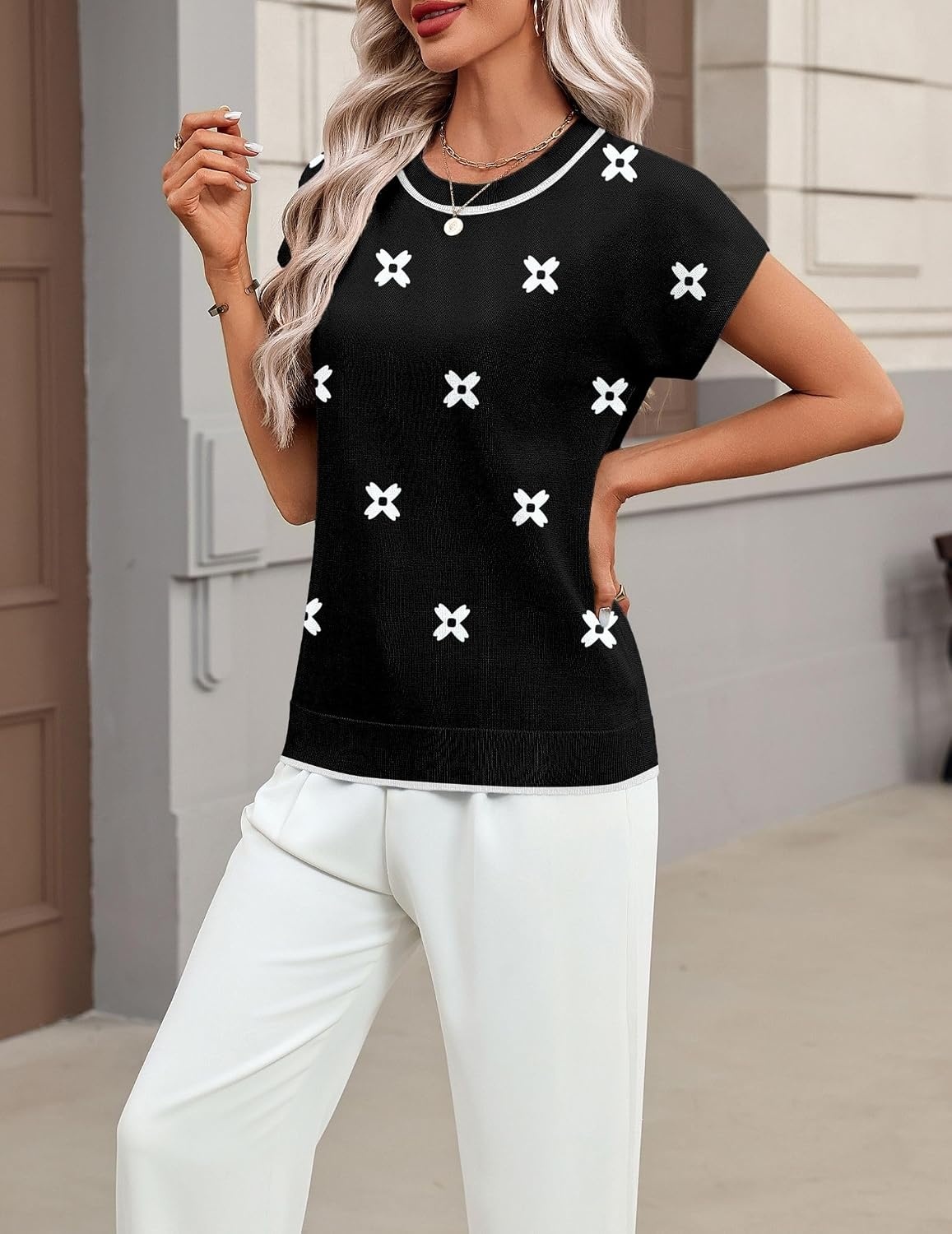 image:imageZeagoo Sweaters for Women Tops Short Sleeve Crewneck Basic Fashion ClothingWhite Floralblack Jh454