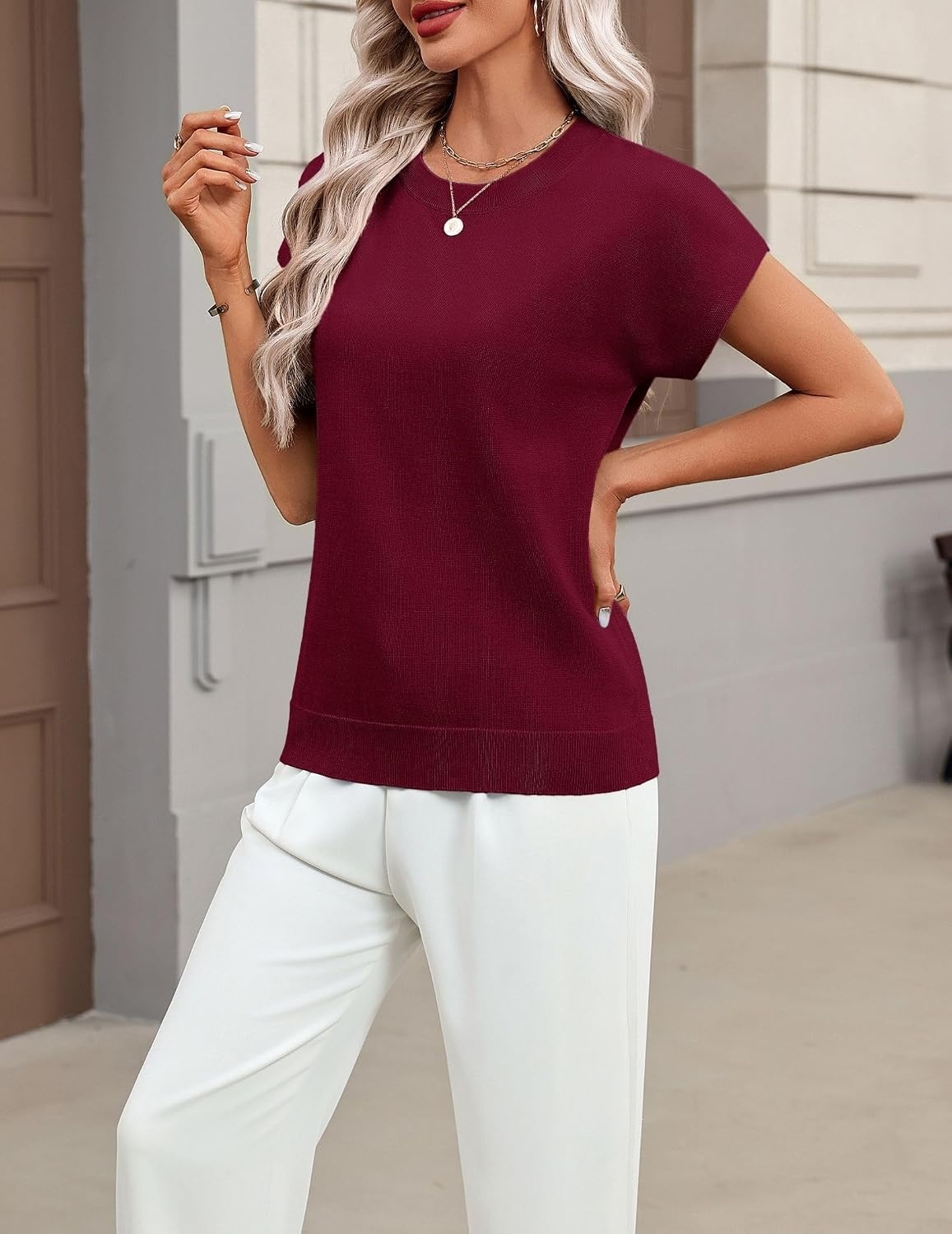 image:imageZeagoo Sweaters for Women Tops Short Sleeve Crewneck Basic Fashion ClothingWine Red