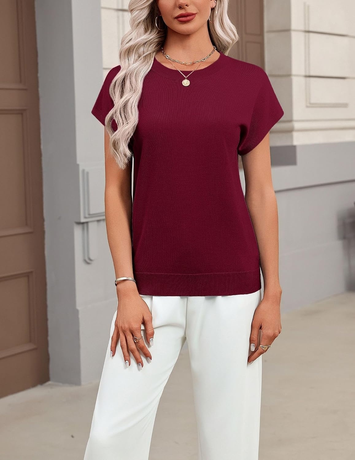 image:imageZeagoo Sweaters for Women Tops Short Sleeve Crewneck Basic Fashion ClothingWine Red