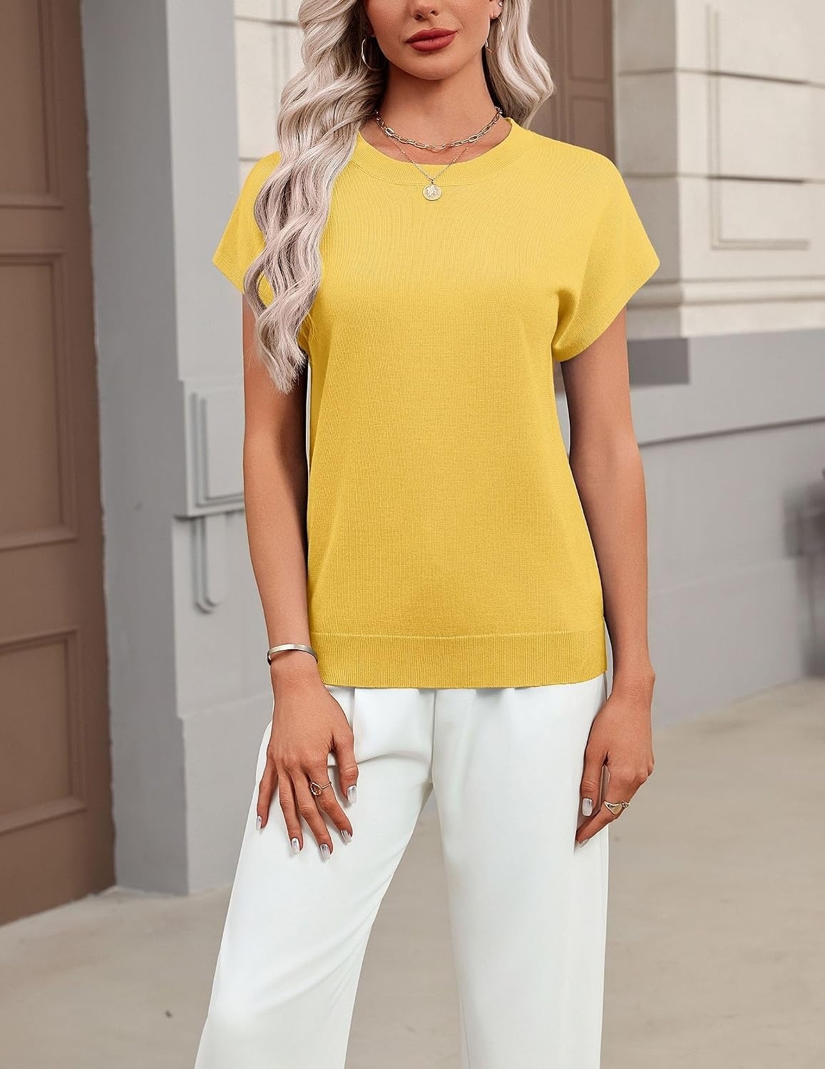 image:imageZeagoo Sweaters for Women Tops Short Sleeve Crewneck Basic Fashion ClothingYellow