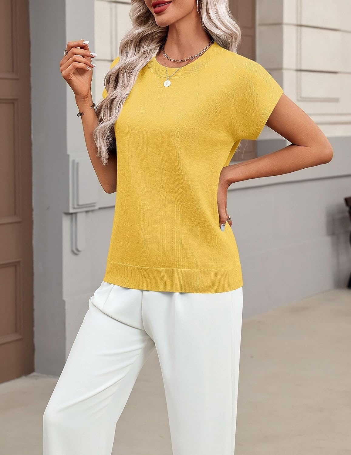 image:imageZeagoo Sweaters for Women Tops Short Sleeve Crewneck Basic Fashion ClothingYellow