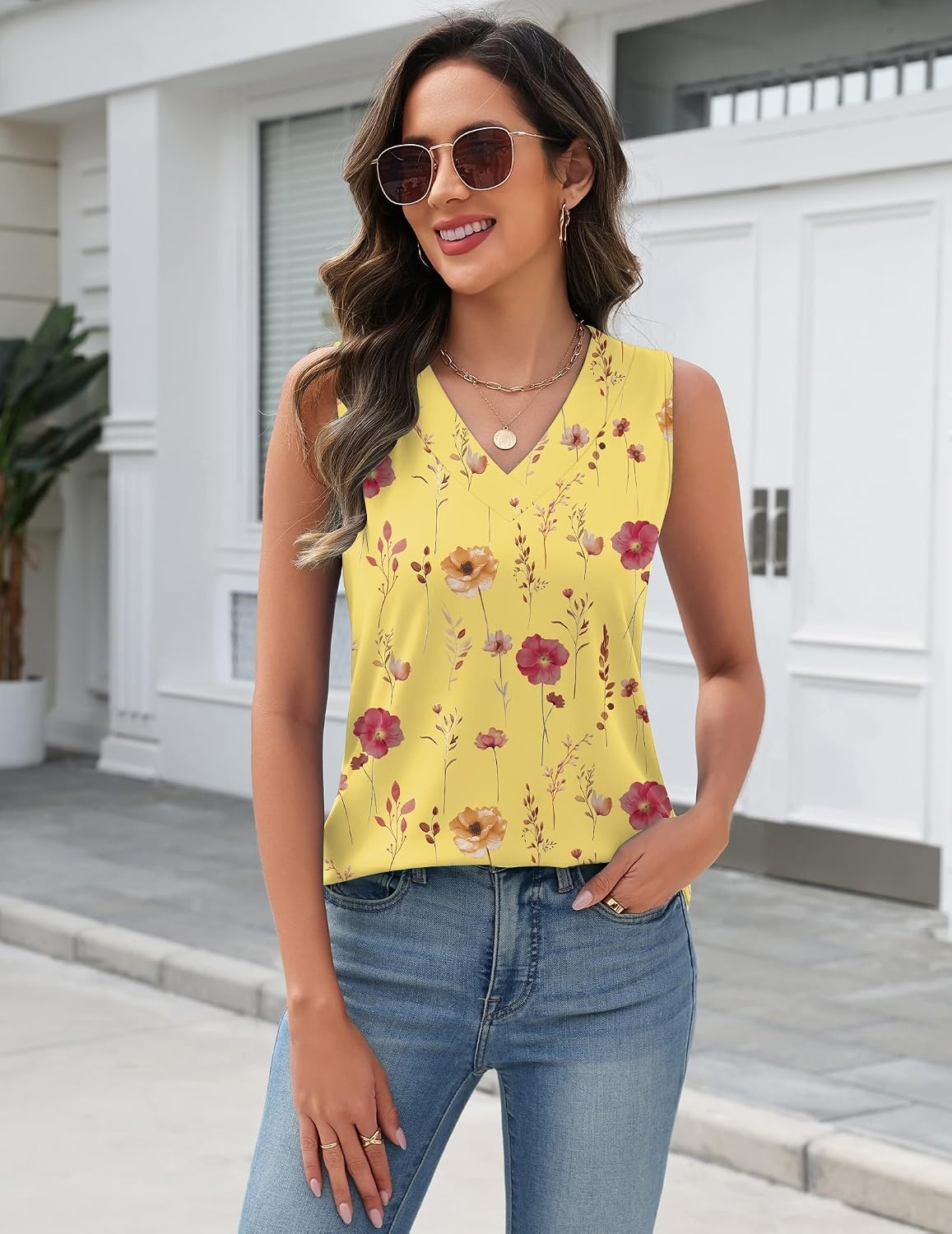 image:imageZeagoo Tank Top for Women V Neck Loose Fit Sleeveless Summer Tops Shirts01 Yellow Flowers