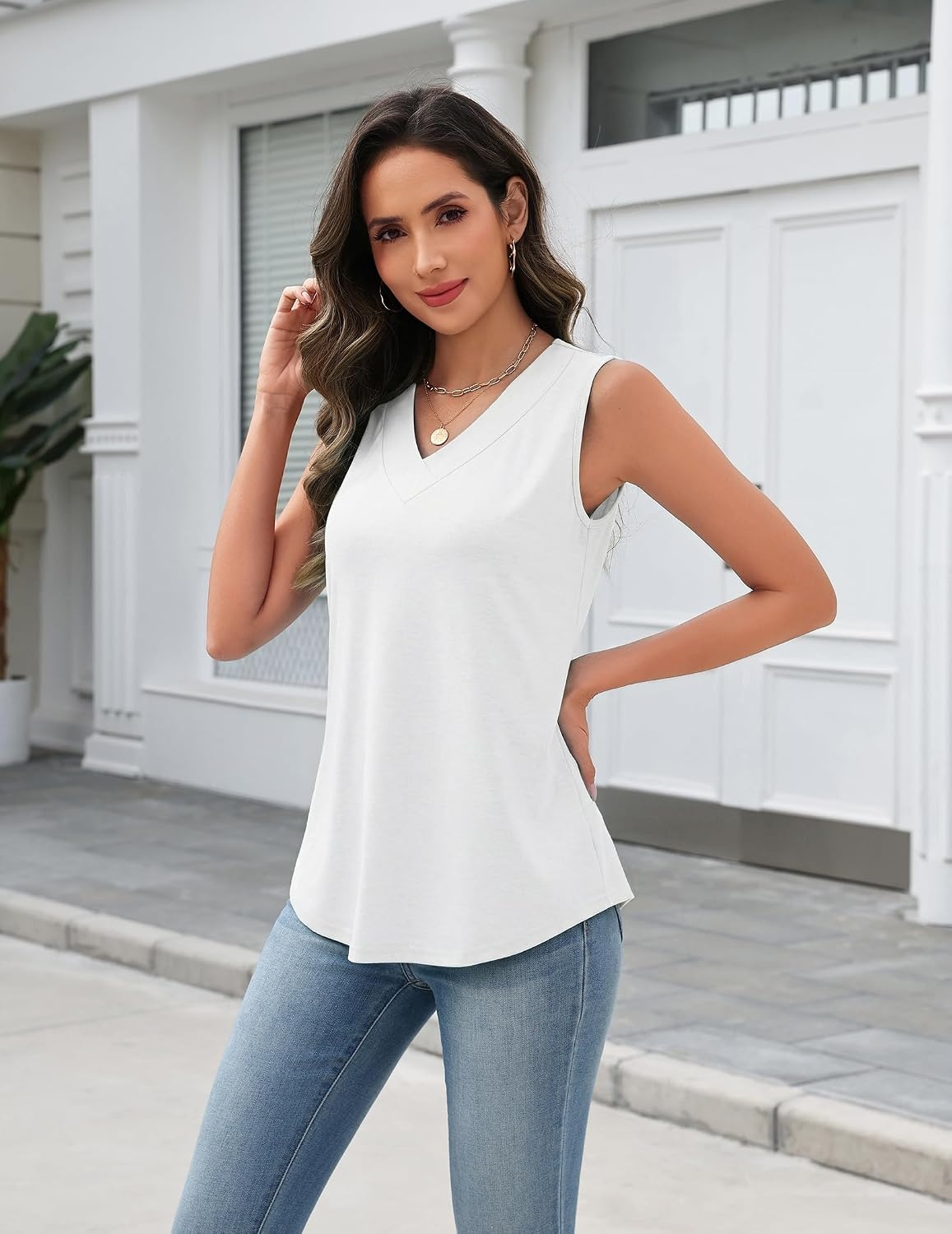 image:imageZeagoo Tank Top for Women V Neck Loose Fit Sleeveless Summer Tops ShirtsA White