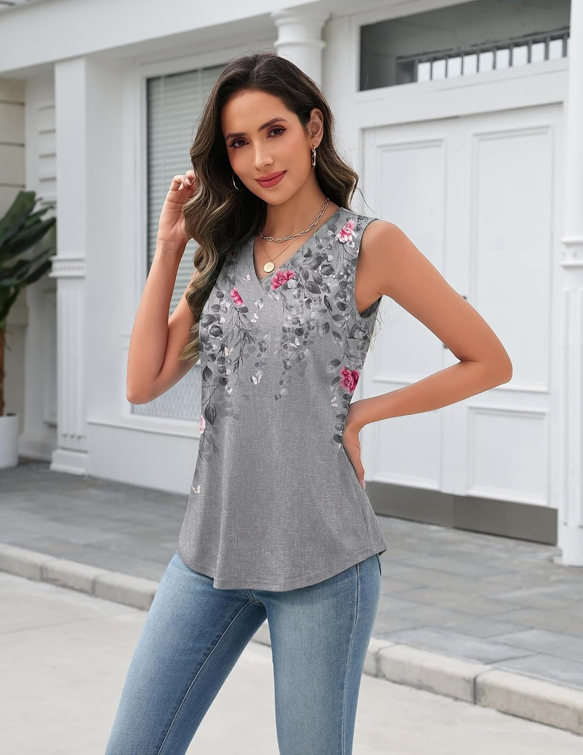 image:imageZeagoo Tank Top for Women V Neck Loose Fit Sleeveless Summer Tops ShirtsFloral Grey