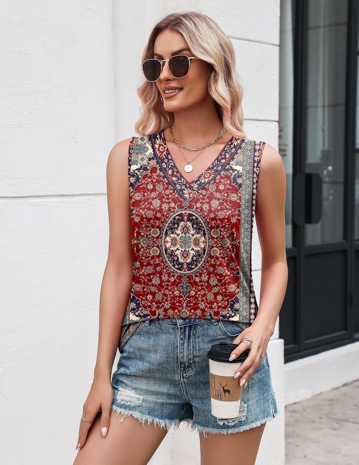 image:imageZeagoo Tank Top for Women V Neck Loose Fit Sleeveless Summer Tops ShirtsFloral Red 870
