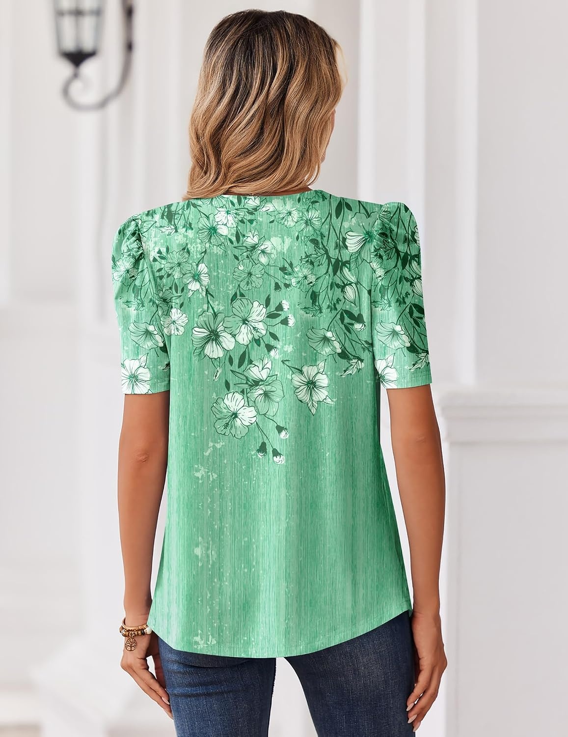 image:imageZeagoo Women Blouses Puff Short Sleeve Tops V Neck Dressy Casual Spring Shirts Boho Floral Cute Clothes 2026Bf180green Flowers