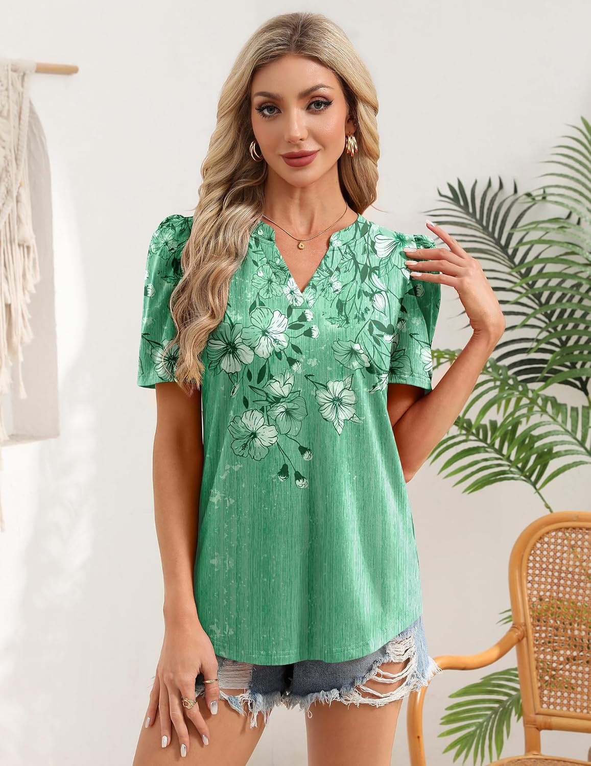 image:imageZeagoo Women Blouses Puff Short Sleeve Tops V Neck Dressy Casual Spring Shirts Boho Floral Cute Clothes 2026Bf180green Flowers