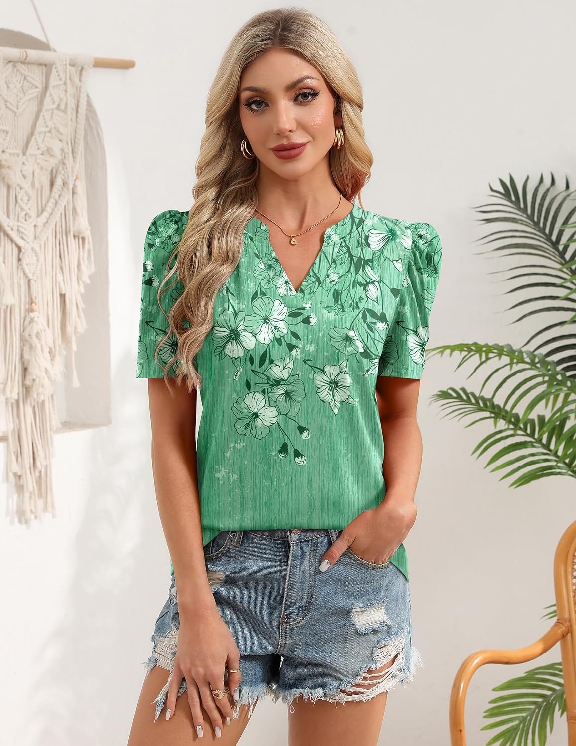 image:imageZeagoo Women Blouses Puff Short Sleeve Tops V Neck Dressy Casual Spring Shirts Boho Floral Cute Clothes 2026Bf180green Flowers