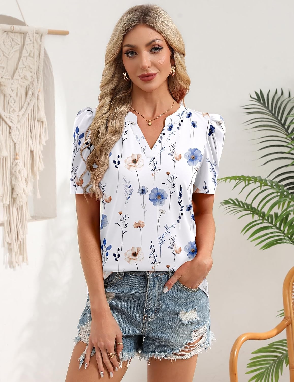 image:imageZeagoo Women Blouses Puff Short Sleeve Tops V Neck Dressy Casual Spring Shirts Boho Floral Cute Clothes 2026Bf290white Flowers