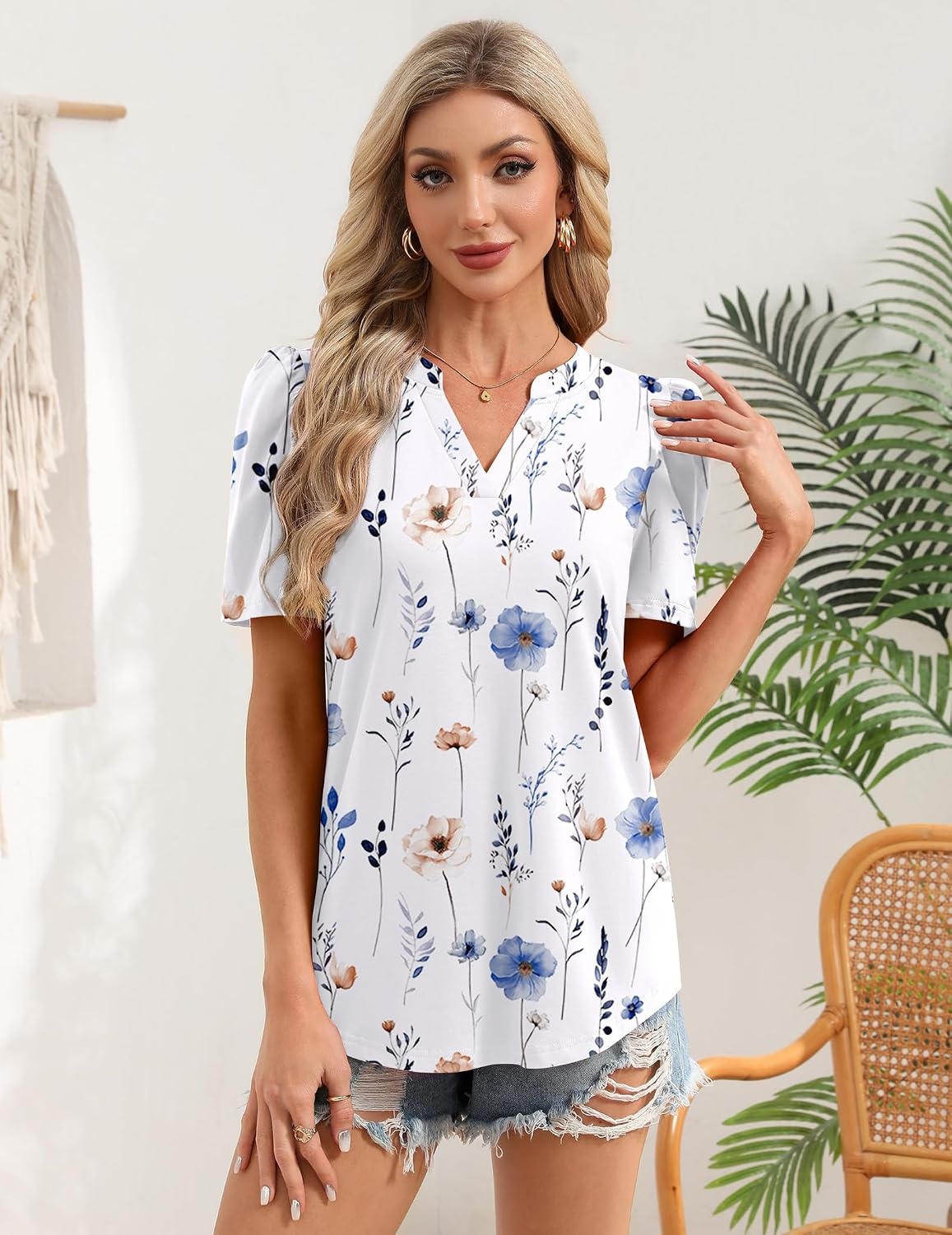 image:imageZeagoo Women Blouses Puff Short Sleeve Tops V Neck Dressy Casual Spring Shirts Boho Floral Cute Clothes 2026Bf290white Flowers