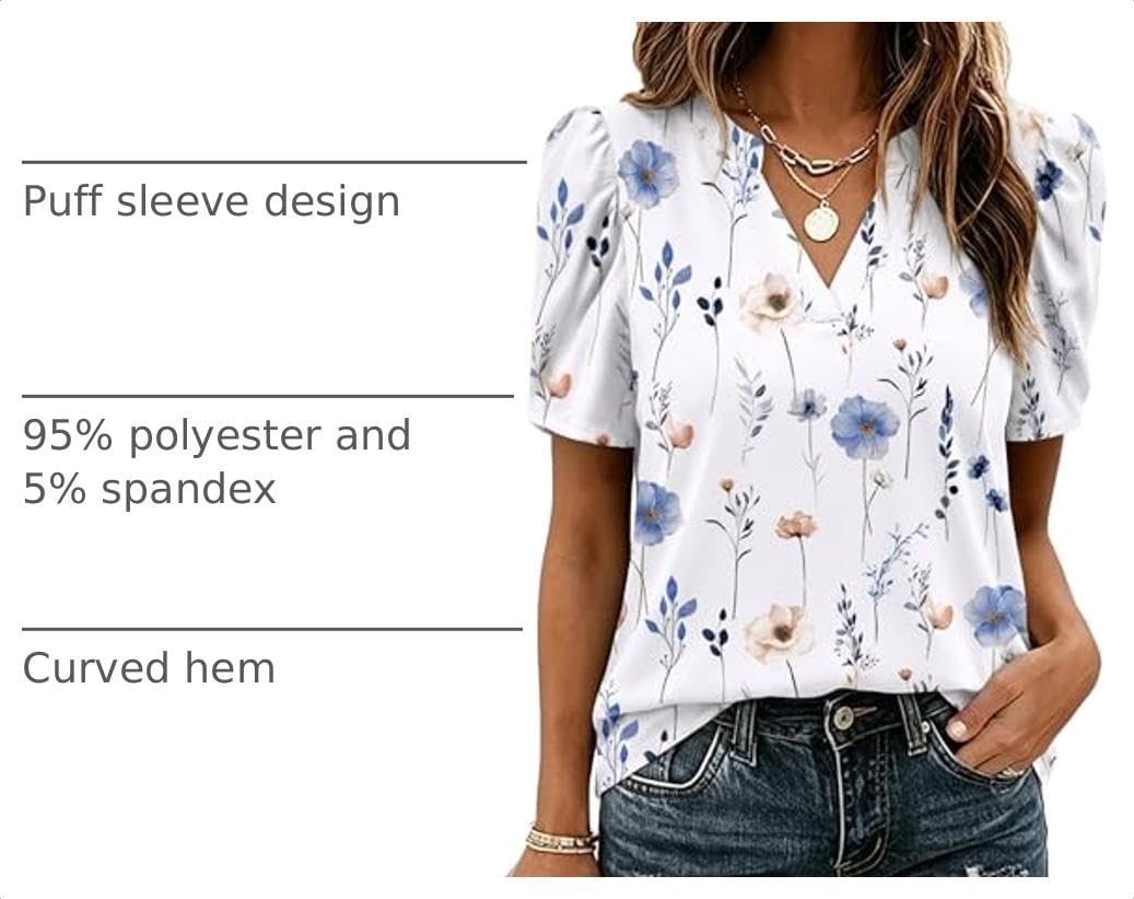 image:imageZeagoo Women Blouses Puff Short Sleeve Tops V Neck Dressy Casual Spring Shirts Boho Floral Cute Clothes 2026Bf290white Flowers
