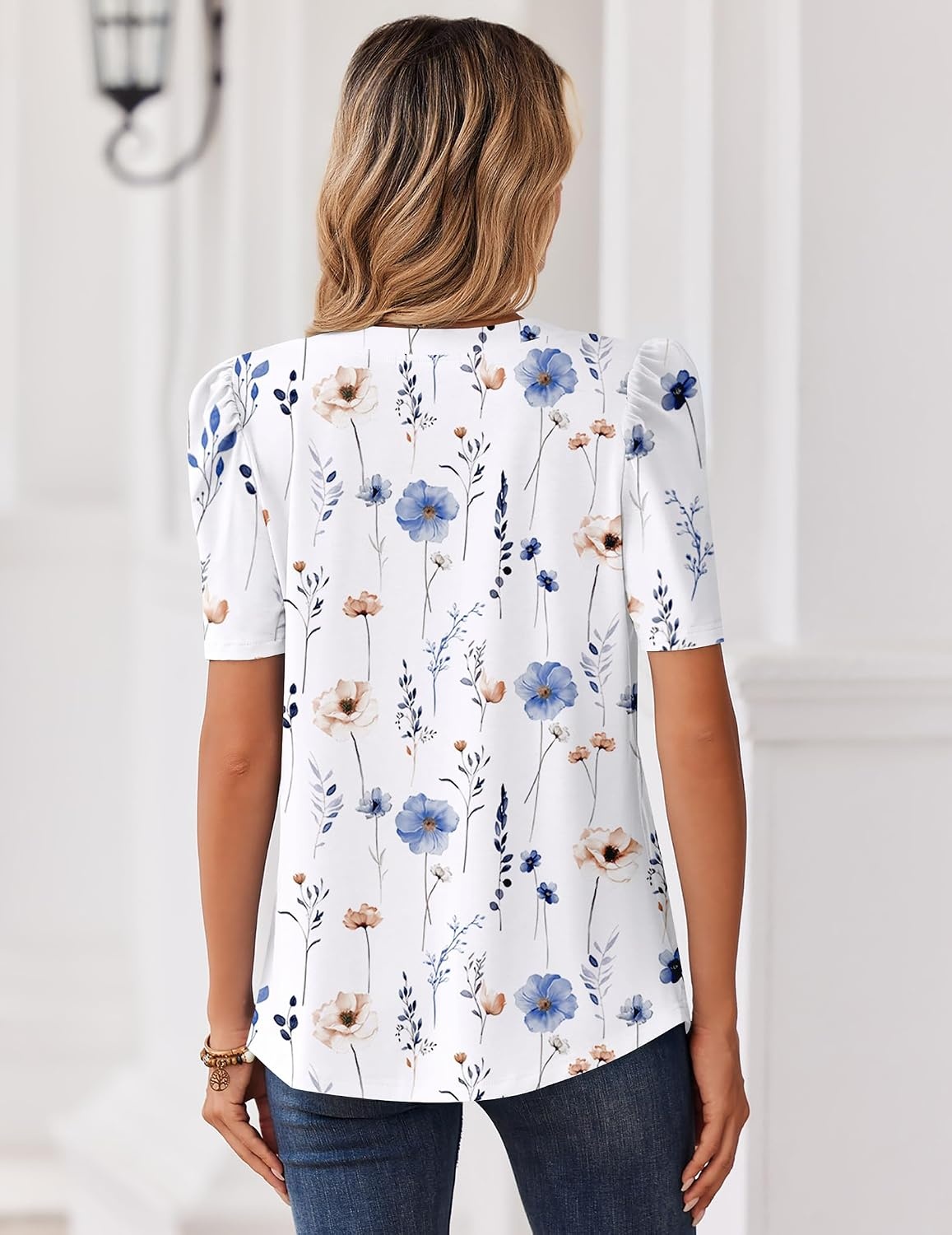 image:imageZeagoo Women Blouses Puff Short Sleeve Tops V Neck Dressy Casual Spring Shirts Boho Floral Cute Clothes 2026Bf290white Flowers