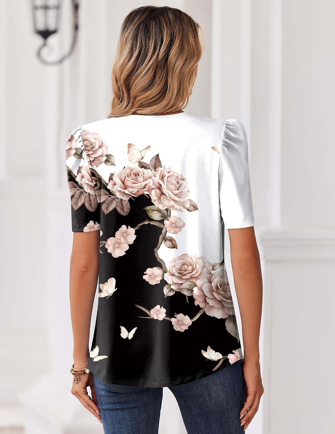 image:imageZeagoo Women Blouses Puff Short Sleeve Tops V Neck Dressy Casual Spring Shirts Boho Floral Cute Clothes 2026Bf347pattern