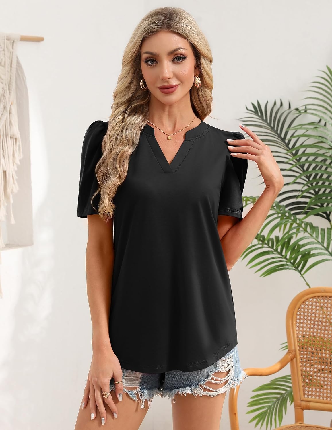 image:imageZeagoo Women Blouses Puff Short Sleeve Tops V Neck Dressy Casual Spring Shirts Boho Floral Cute Clothes 2026Black
