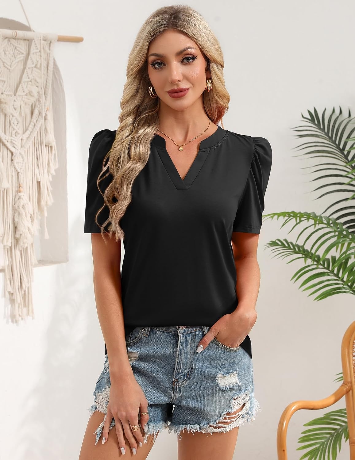 image:imageZeagoo Women Blouses Puff Short Sleeve Tops V Neck Dressy Casual Spring Shirts Boho Floral Cute Clothes 2026Black