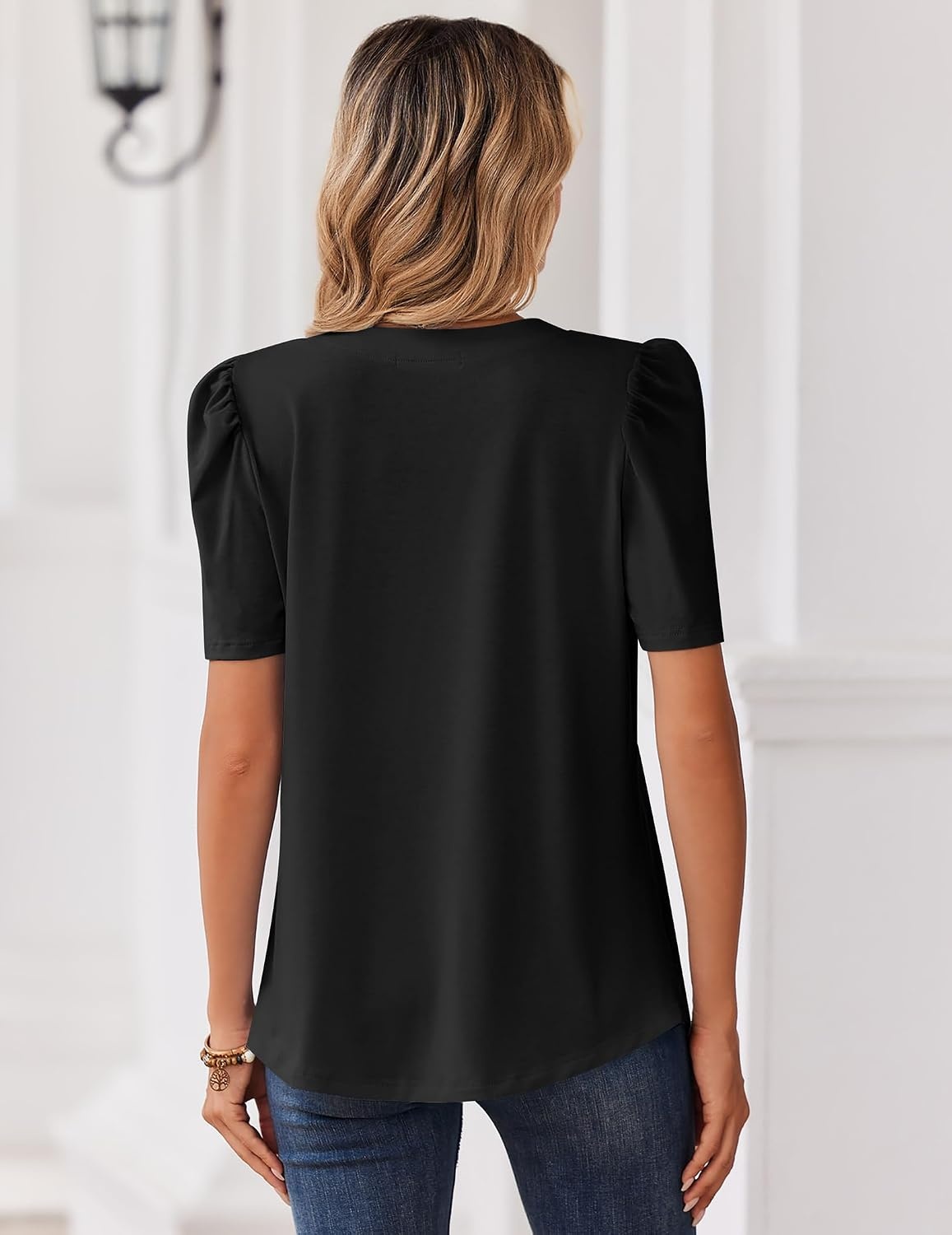 image:imageZeagoo Women Blouses Puff Short Sleeve Tops V Neck Dressy Casual Spring Shirts Boho Floral Cute Clothes 2026Black