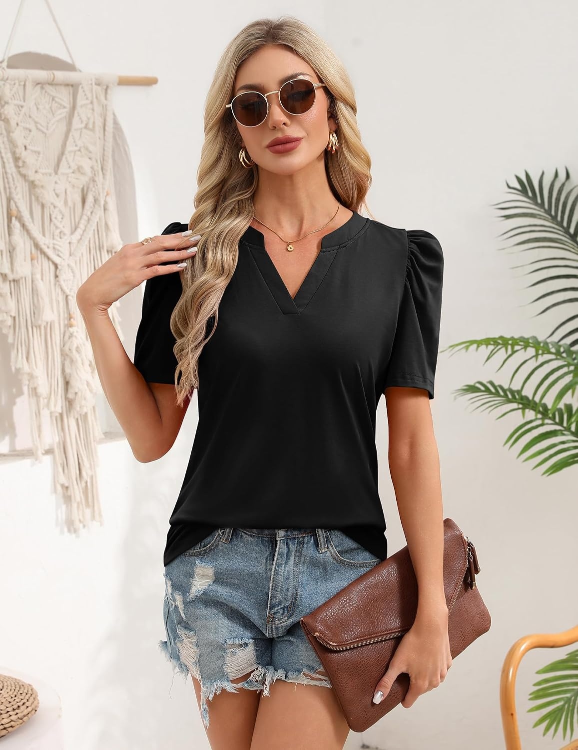 image:imageZeagoo Women Blouses Puff Short Sleeve Tops V Neck Dressy Casual Spring Shirts Boho Floral Cute Clothes 2026Black