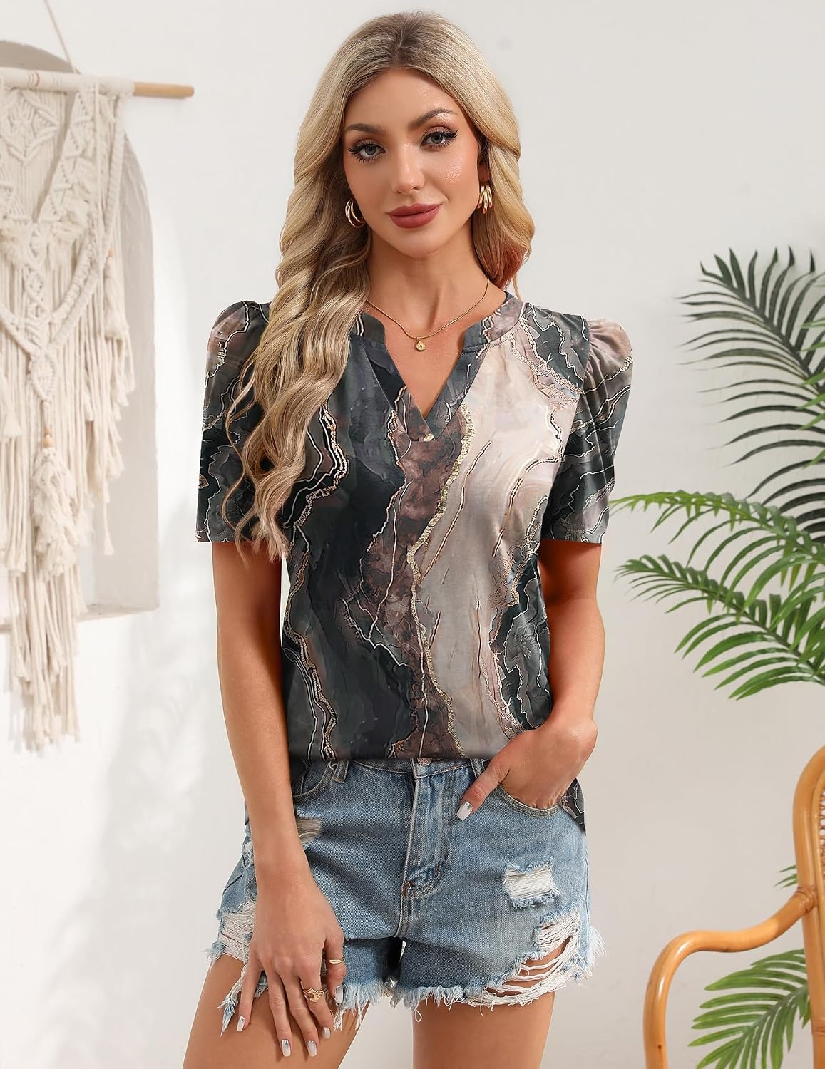 image:imageZeagoo Women Blouses Puff Short Sleeve Tops V Neck Dressy Casual Spring Shirts Boho Floral Cute Clothes 2026Cx278multicolored