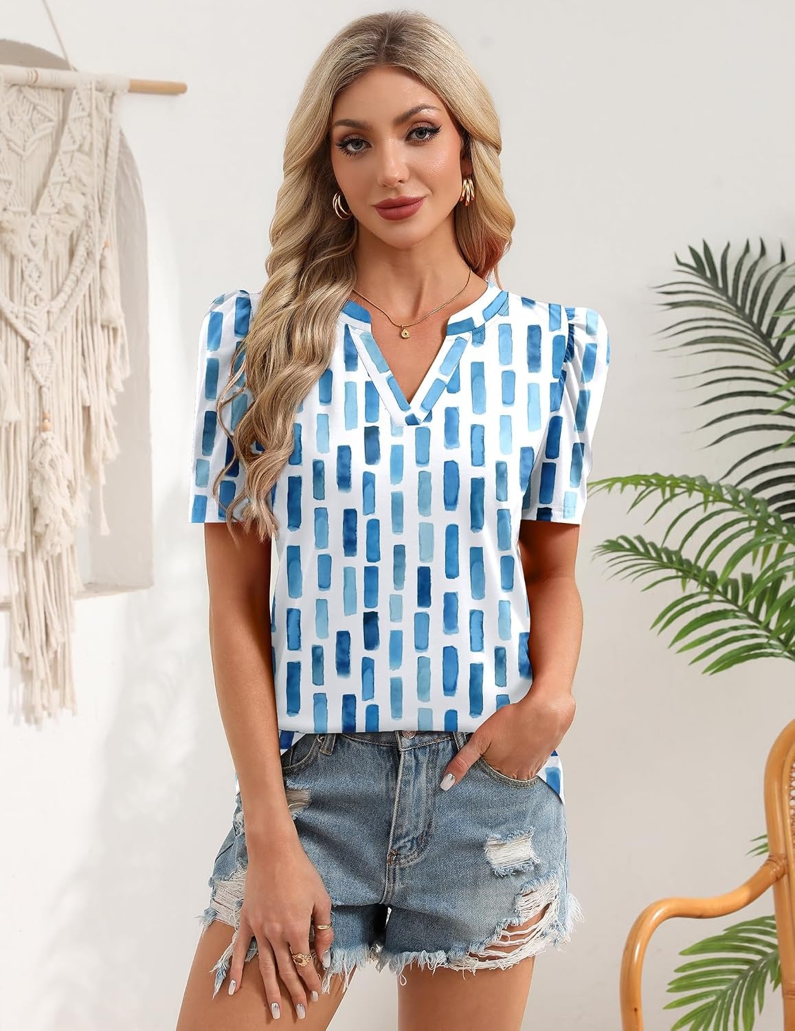 image:imageZeagoo Women Blouses Puff Short Sleeve Tops V Neck Dressy Casual Spring Shirts Boho Floral Cute Clothes 2026Cx329blue