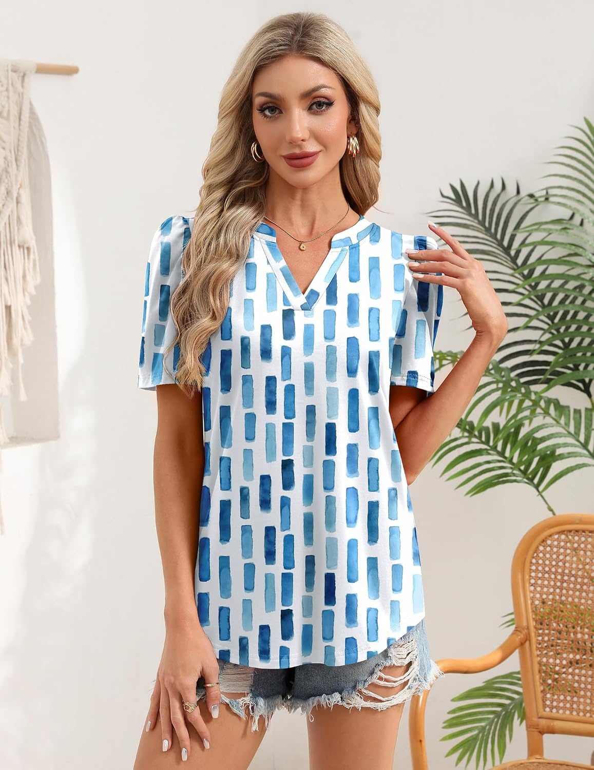 image:imageZeagoo Women Blouses Puff Short Sleeve Tops V Neck Dressy Casual Spring Shirts Boho Floral Cute Clothes 2026Cx329blue