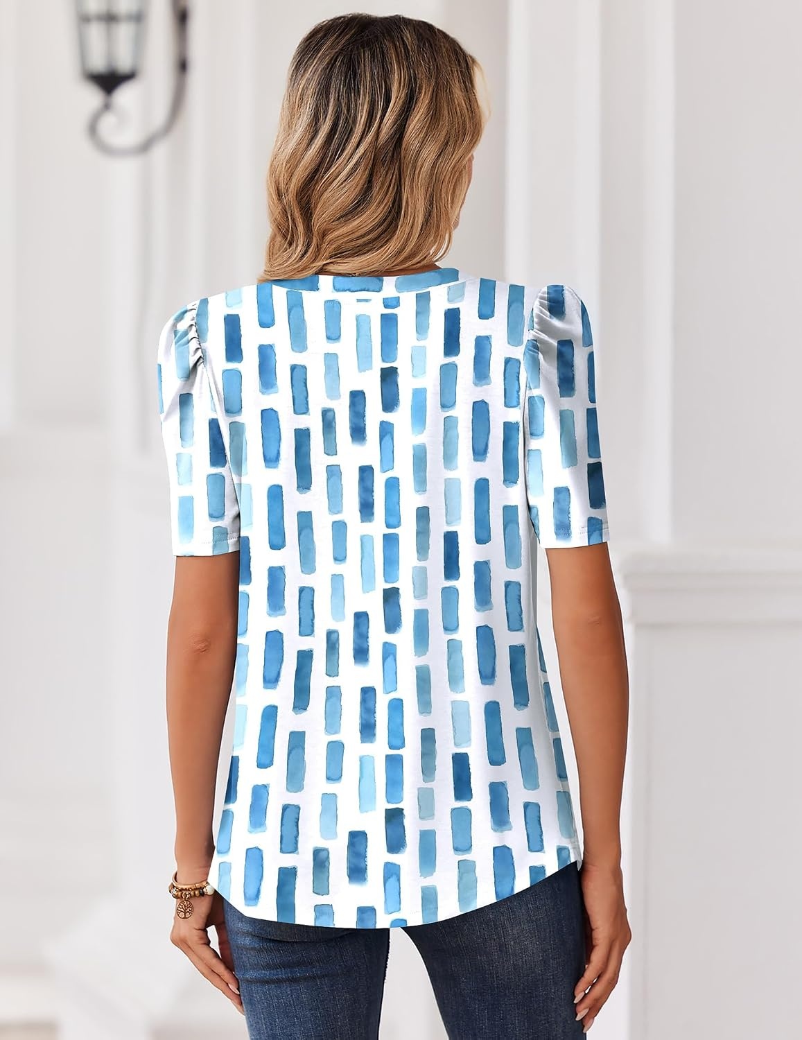 image:imageZeagoo Women Blouses Puff Short Sleeve Tops V Neck Dressy Casual Spring Shirts Boho Floral Cute Clothes 2026Cx329blue