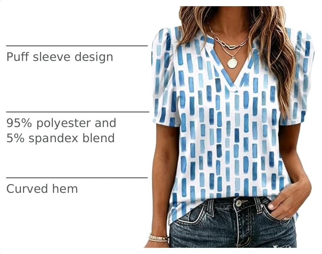 image:imageZeagoo Women Blouses Puff Short Sleeve Tops V Neck Dressy Casual Spring Shirts Boho Floral Cute Clothes 2026Cx329blue