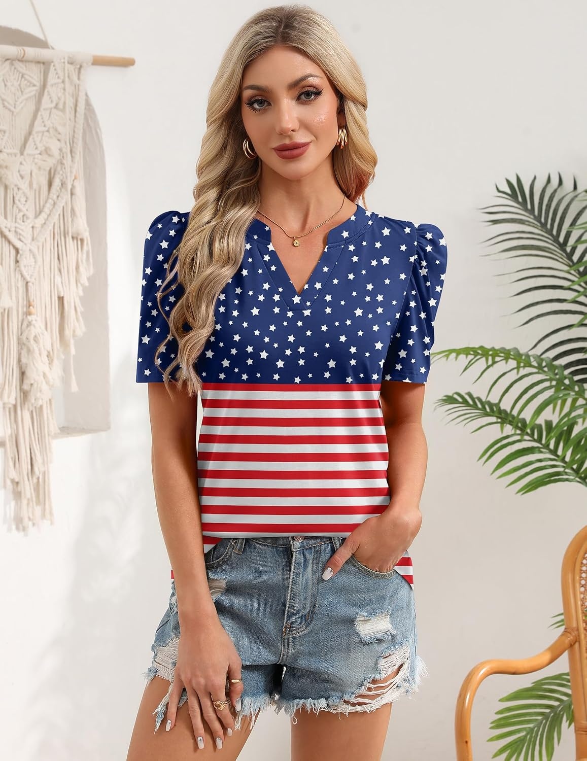 image:imageZeagoo Women Blouses Puff Short Sleeve Tops V Neck Dressy Casual Spring Shirts Boho Floral Cute Clothes 2026Gq50 Flag