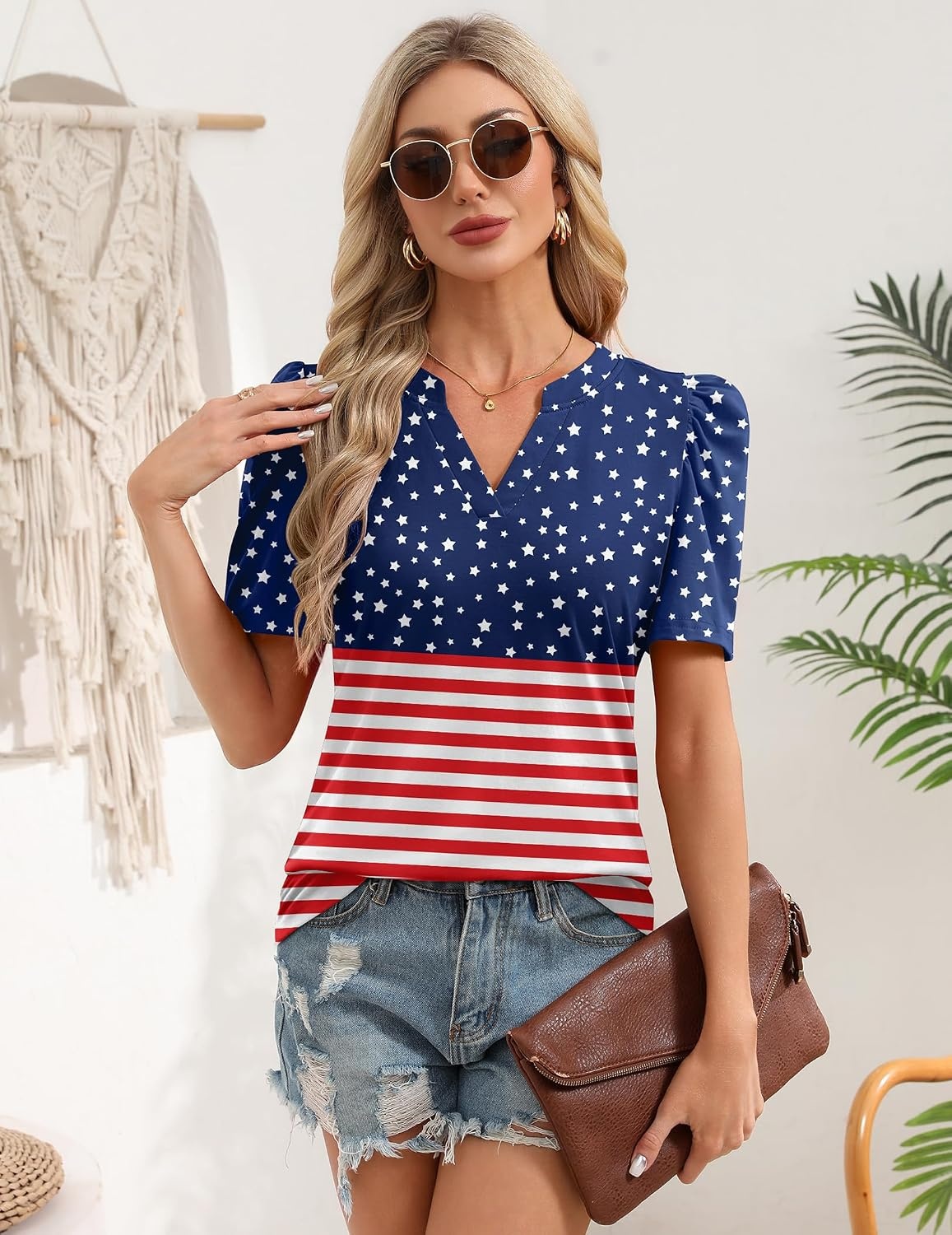 image:imageZeagoo Women Blouses Puff Short Sleeve Tops V Neck Dressy Casual Spring Shirts Boho Floral Cute Clothes 2026Gq50 Flag