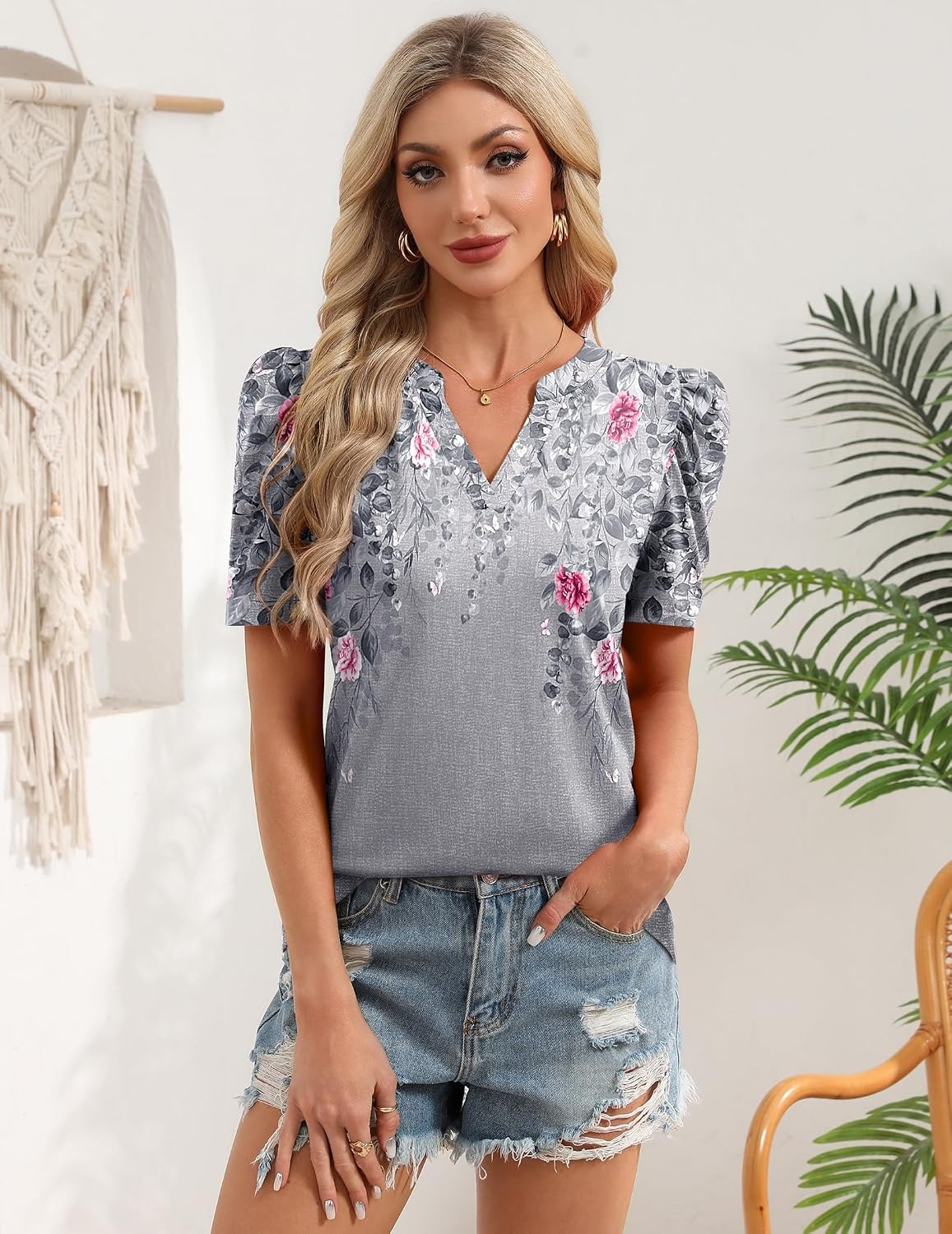image:imageZeagoo Women Blouses Puff Short Sleeve Tops V Neck Dressy Casual Spring Shirts Boho Floral Cute Clothes 2026Hf36grey