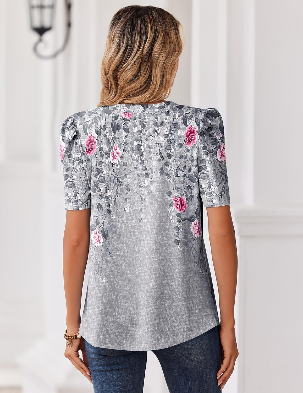 image:imageZeagoo Women Blouses Puff Short Sleeve Tops V Neck Dressy Casual Spring Shirts Boho Floral Cute Clothes 2026Hf36grey