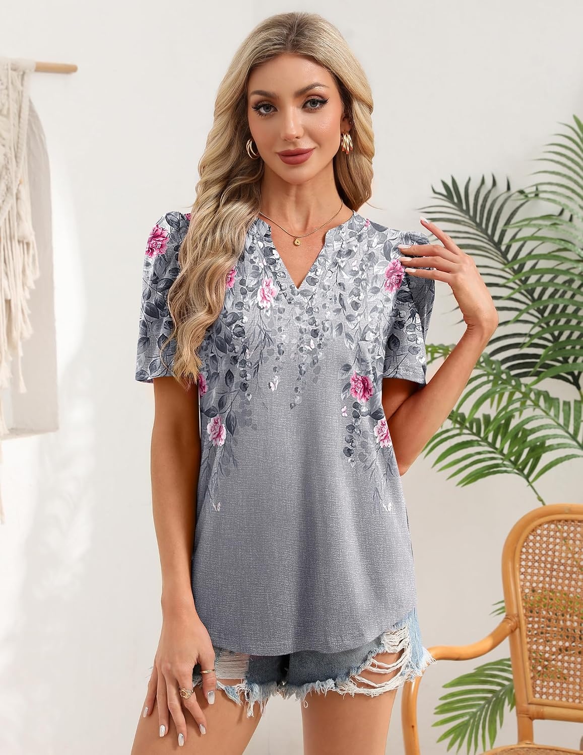 image:imageZeagoo Women Blouses Puff Short Sleeve Tops V Neck Dressy Casual Spring Shirts Boho Floral Cute Clothes 2026Hf36grey